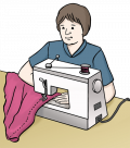 Eine Frau arbeitet an einer Nähmaschine.  © Lebenshilfe für Menschen mit geistiger Behinderung Bremen e. V., Illustrator Stefan Albers, Fleetinsel, 2013