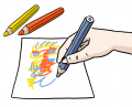 Eine Hand malt mit einem Stift auf einem Papier.  © Lebenshilfe für Menschen mit geistiger Behinderung Bremen e. V., Illustrator Stefan Albers, Fleetinsel, 2013