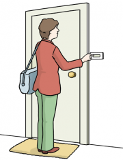 Eine Frau mit einer Umhänge-Aktentasche klingelt an einer Eingangstür. © Lebenshilfe für Menschen mit geistiger Behinderung Bremen e. V., Illustrator Stefan Albers, Atelier Fleetinsel, 2013